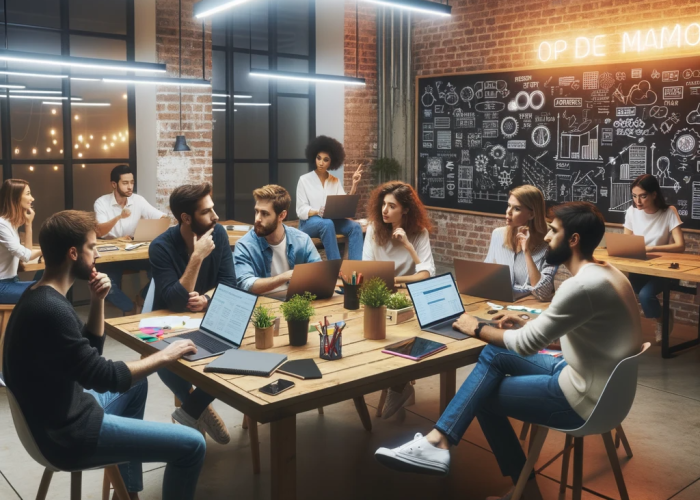 dalle-2023-11-02-21-25-26-photo-of-a-modern-open-office-space-with-brick-walls-wooden-tables-and-ambient-lighting-a-diverse-team-of-6-startuppers-of-various-genders-and-ethn